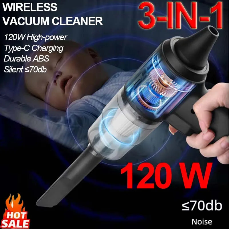 Powerful Portable Car Wireless Vacuum Cleaner 3-in-1 120W Handheld for Home & Auto Lightweight Cordless Rechargeable New 2025